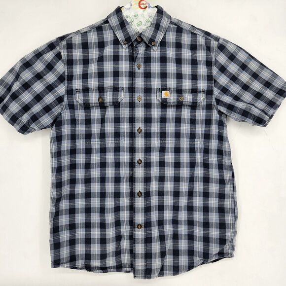 Carhartt Shirt Mens Medium Blue Gray Plaid Short Sleeve Button Up Workwear - Picture 1 of 10